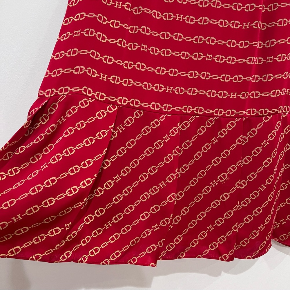 Tommy Hilfiger Vintage Y2K Skirt Silk Chain Print Red/Gold H Logo, Pleats, 12 - Picture 4 of 10